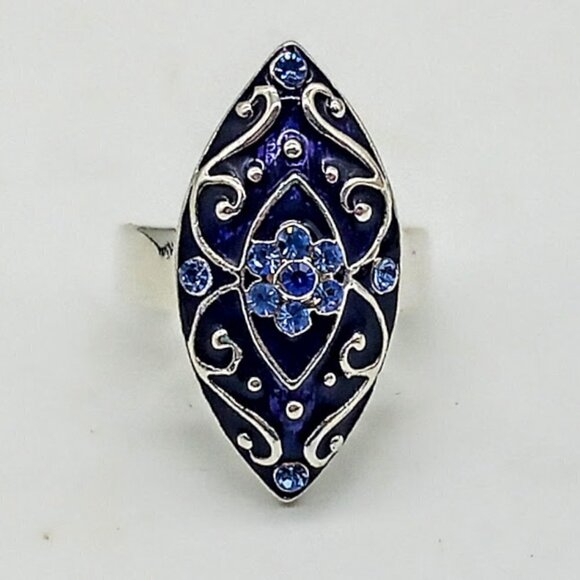 Blue Crystal & Enamel Silver Fashion Ring - Picture 1 of 5
